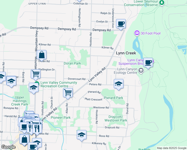 map of restaurants, bars, coffee shops, grocery stores, and more near 1614 Lynn Valley Road in North Vancouver