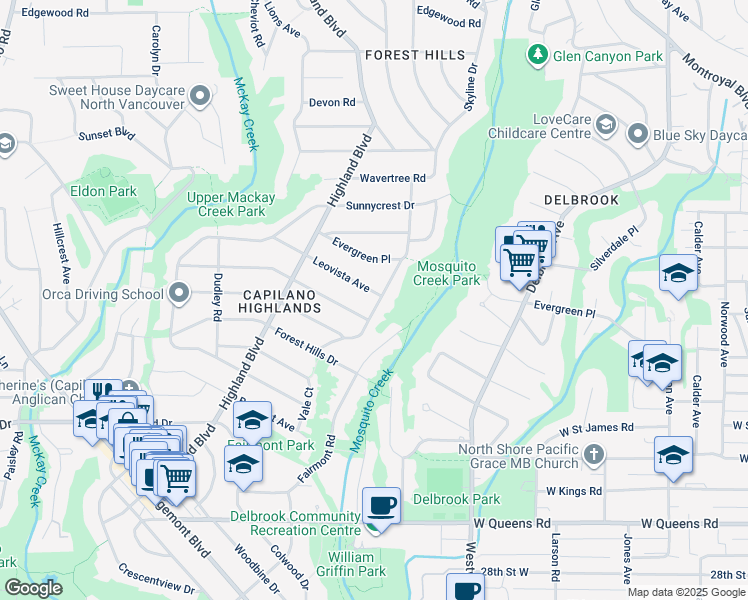 map of restaurants, bars, coffee shops, grocery stores, and more near 903 Leovista Avenue in North Vancouver