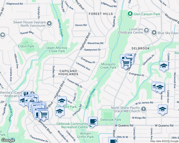 map of restaurants, bars, coffee shops, grocery stores, and more near 911 Leovista Avenue in North Vancouver