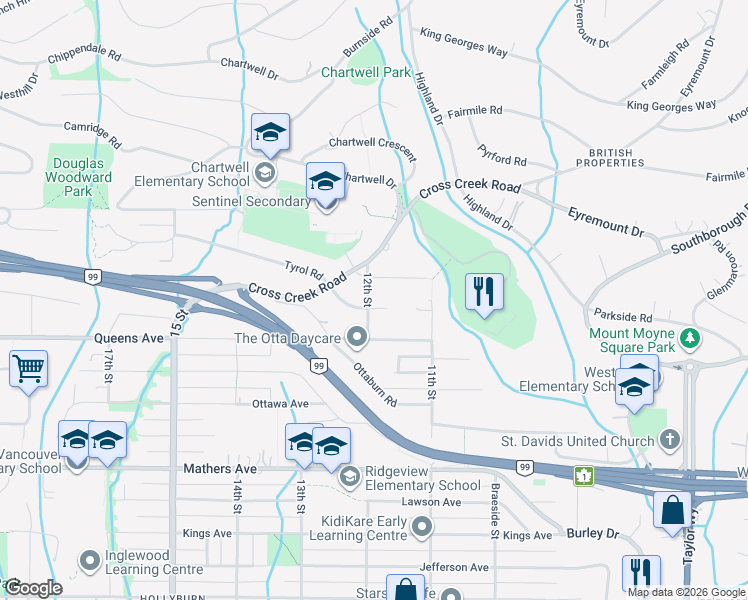 map of restaurants, bars, coffee shops, grocery stores, and more near 1195 Renton Place in West Vancouver