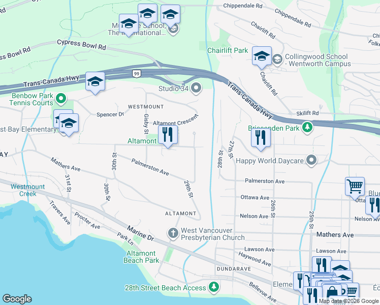 map of restaurants, bars, coffee shops, grocery stores, and more near Rosebury Lane in Vancouver