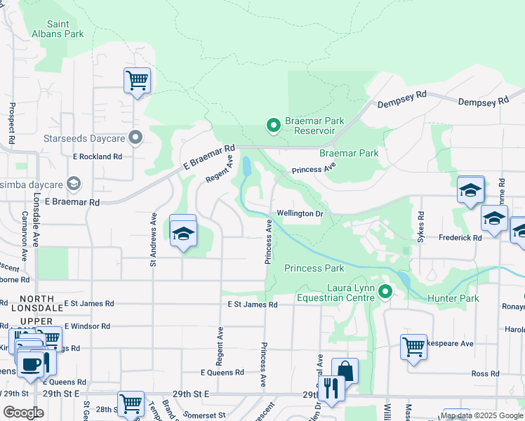 map of restaurants, bars, coffee shops, grocery stores, and more near 3631 Princess Avenue in North Vancouver