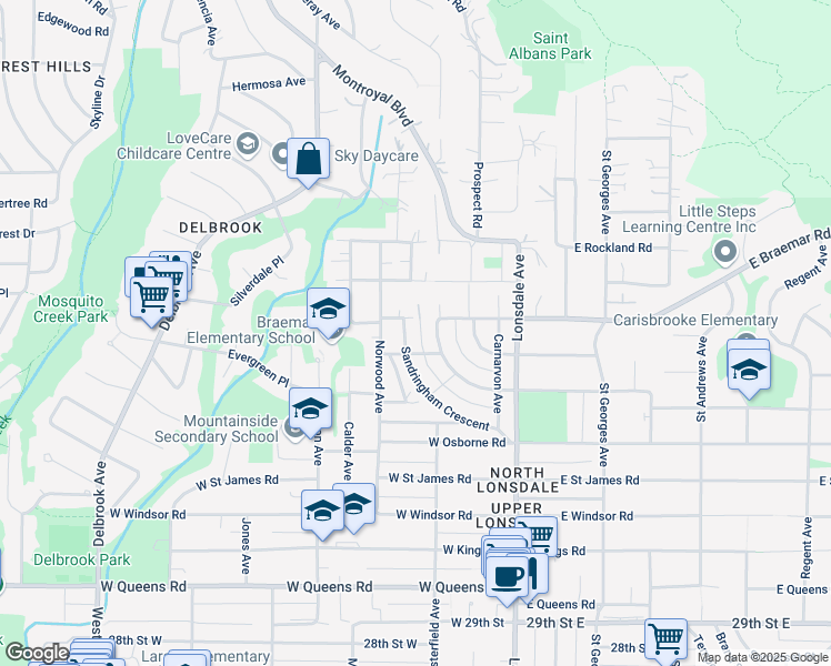 map of restaurants, bars, coffee shops, grocery stores, and more near 284 Sandringham Crescent in North Vancouver