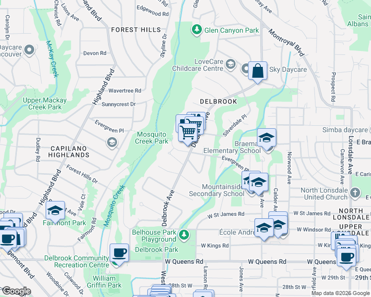 map of restaurants, bars, coffee shops, grocery stores, and more near 650 Evergreen Place in North Vancouver