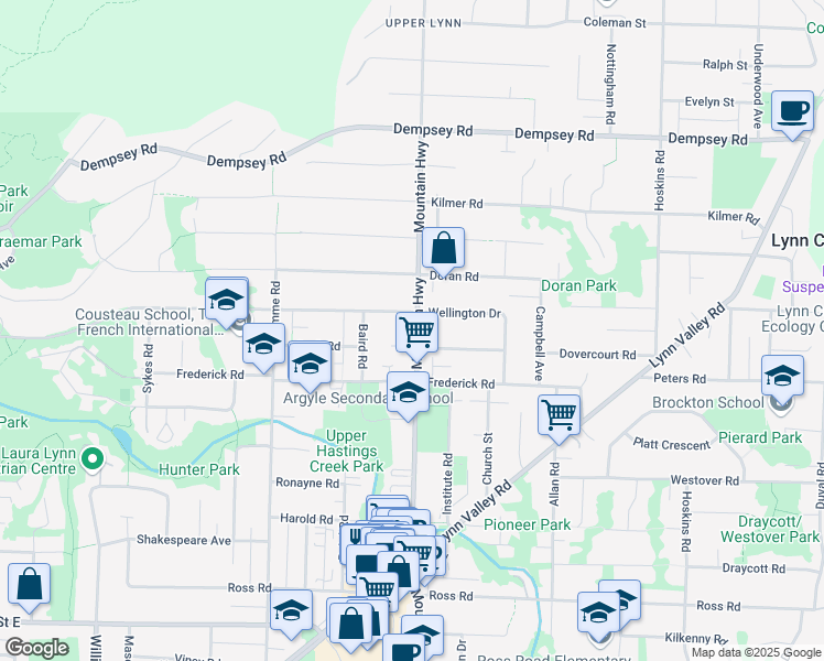 map of restaurants, bars, coffee shops, grocery stores, and more near 3675 Mountain Highway in North Vancouver