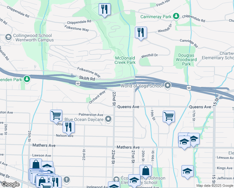 map of restaurants, bars, coffee shops, grocery stores, and more near 2190 Shafton Place in West Vancouver