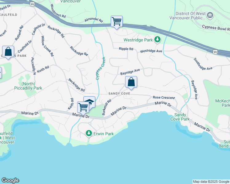 map of restaurants, bars, coffee shops, grocery stores, and more near 4110 Burkeridge Place in West Vancouver