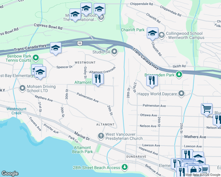 map of restaurants, bars, coffee shops, grocery stores, and more near 2912 Rosebery Avenue in West Vancouver