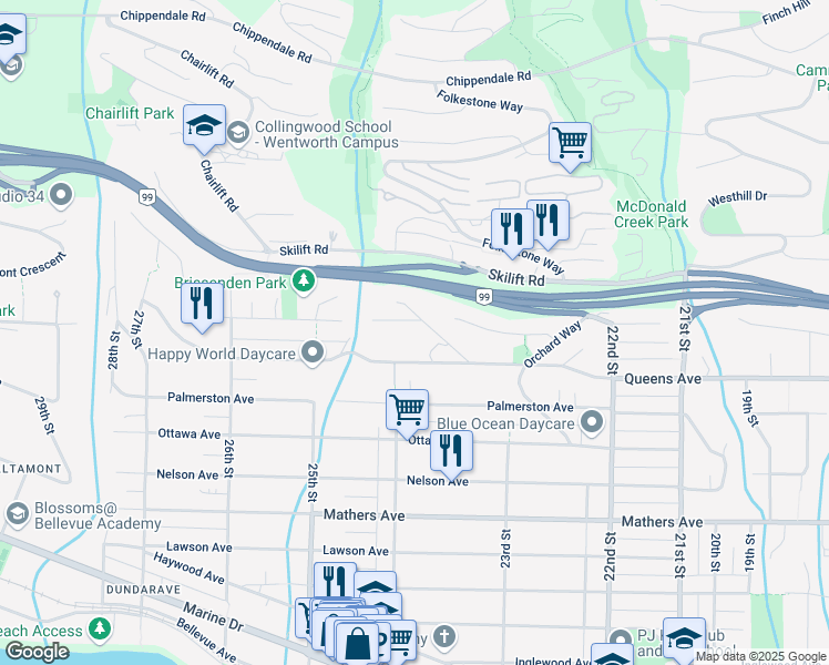map of restaurants, bars, coffee shops, grocery stores, and more near 2370 Russet Place in West Vancouver