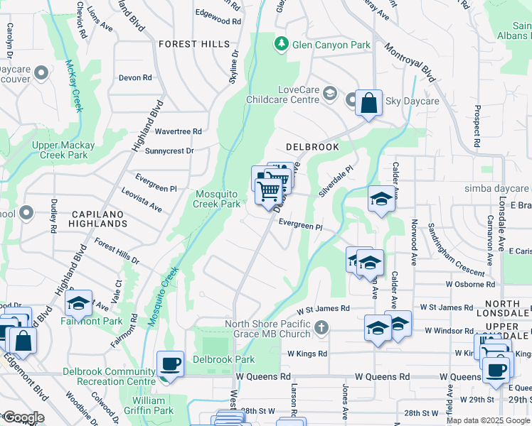 map of restaurants, bars, coffee shops, grocery stores, and more near 615 Evergreen Place in North Vancouver