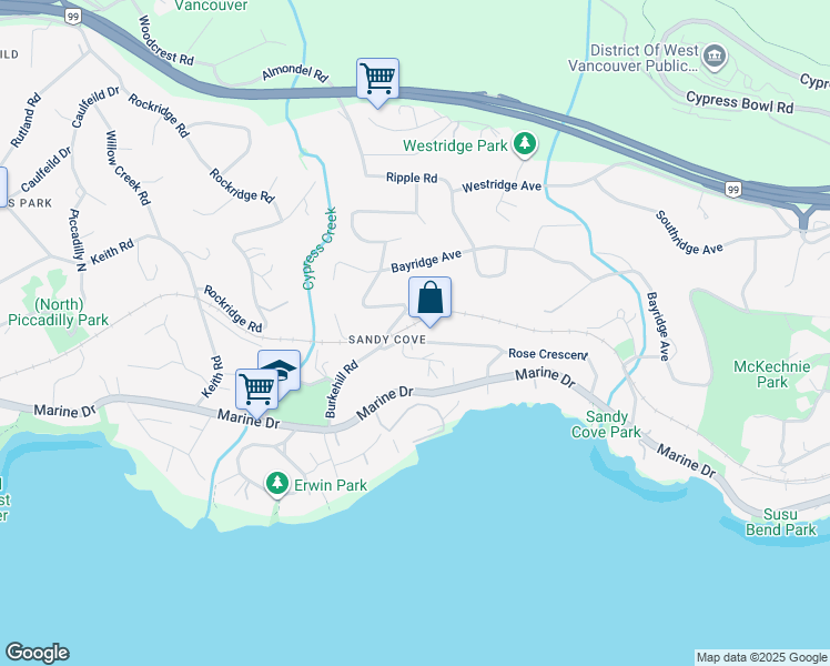 map of restaurants, bars, coffee shops, grocery stores, and more near 4181 Rose Crescent in West Vancouver