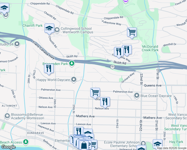 map of restaurants, bars, coffee shops, grocery stores, and more near 2390 Russet Place in West Vancouver