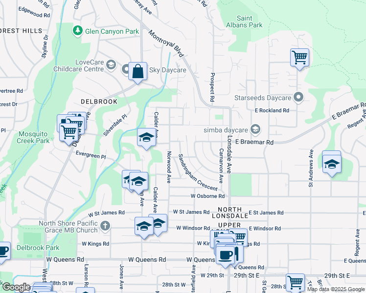map of restaurants, bars, coffee shops, grocery stores, and more near 284 Sandringham Crescent in North Vancouver
