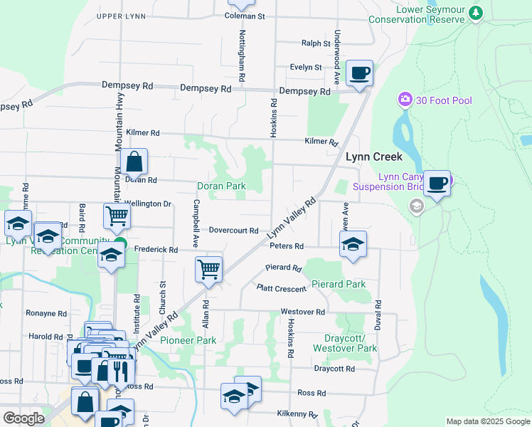 map of restaurants, bars, coffee shops, grocery stores, and more near 3673 Hoskins Road in North Vancouver
