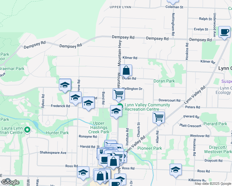 map of restaurants, bars, coffee shops, grocery stores, and more near 3679 Mountain Highway in North Vancouver