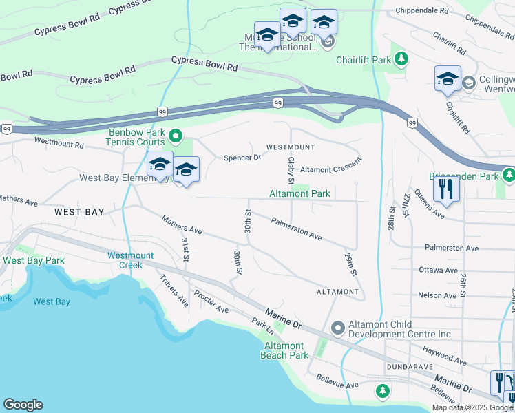 map of restaurants, bars, coffee shops, grocery stores, and more near 2998 Rosebery Avenue in West Vancouver