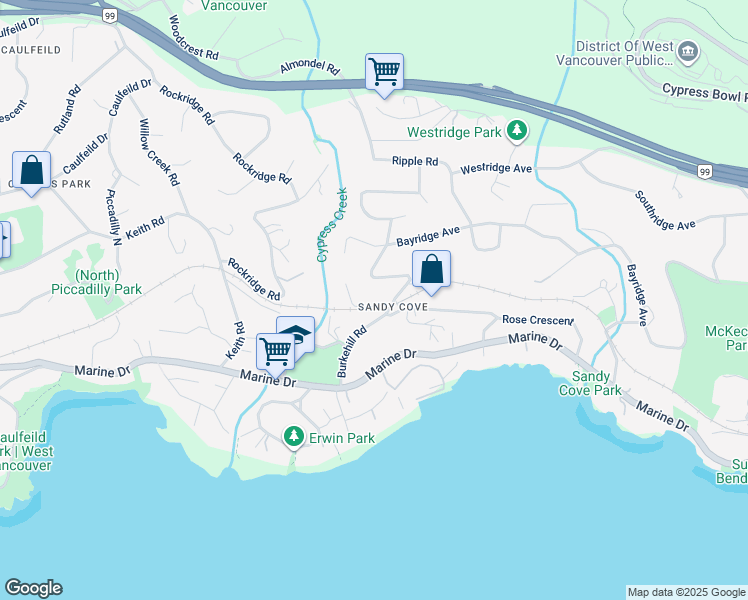map of restaurants, bars, coffee shops, grocery stores, and more near 4110 Burkeridge Place in West Vancouver