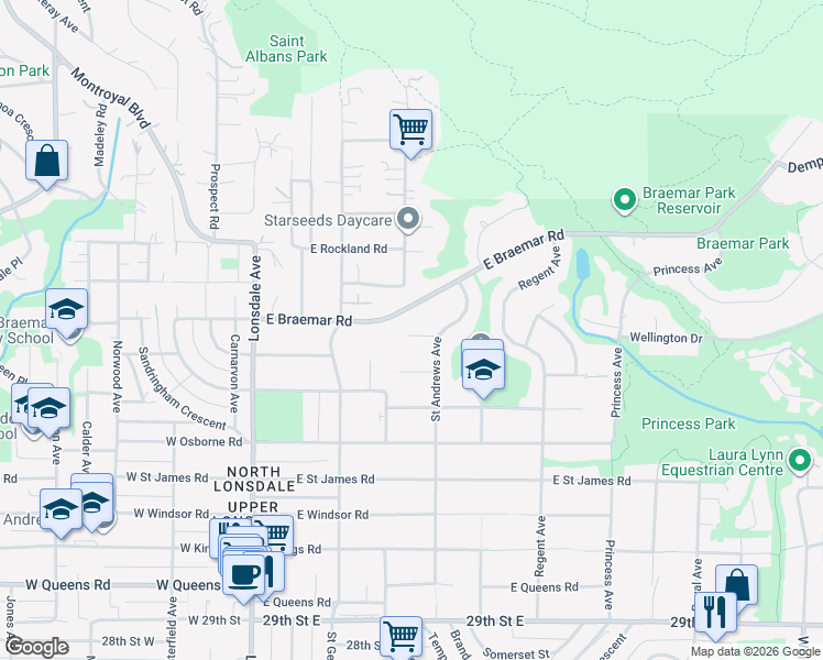 map of restaurants, bars, coffee shops, grocery stores, and more near 354 Wellington Drive in North Vancouver