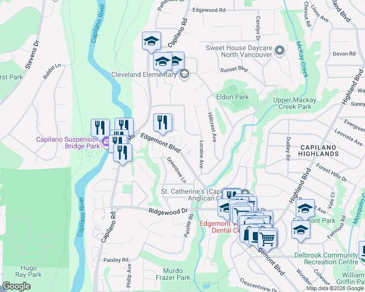 map of restaurants, bars, coffee shops, grocery stores, and more near 3680 Edgemont Boulevard in North Vancouver