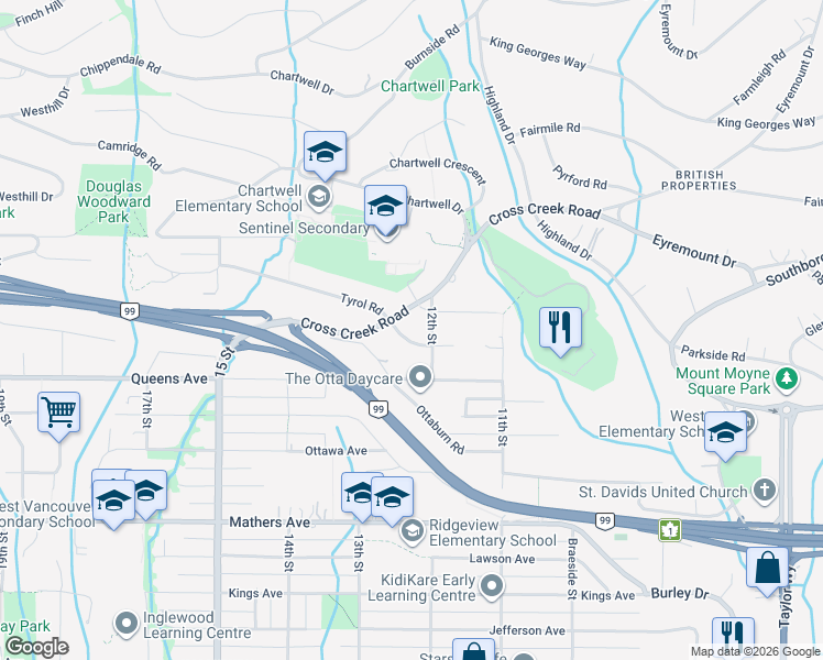 map of restaurants, bars, coffee shops, grocery stores, and more near 1225 Renton Road in West Vancouver