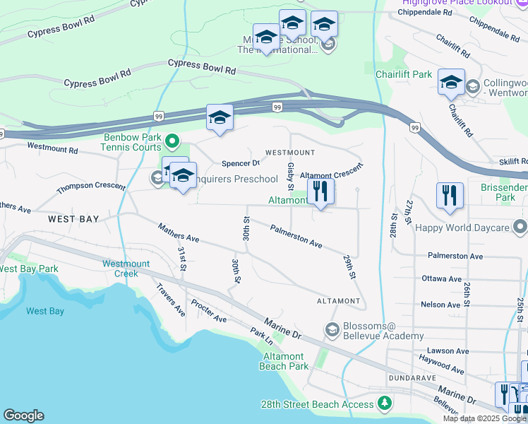 map of restaurants, bars, coffee shops, grocery stores, and more near 2992 Rosebery Avenue in West Vancouver