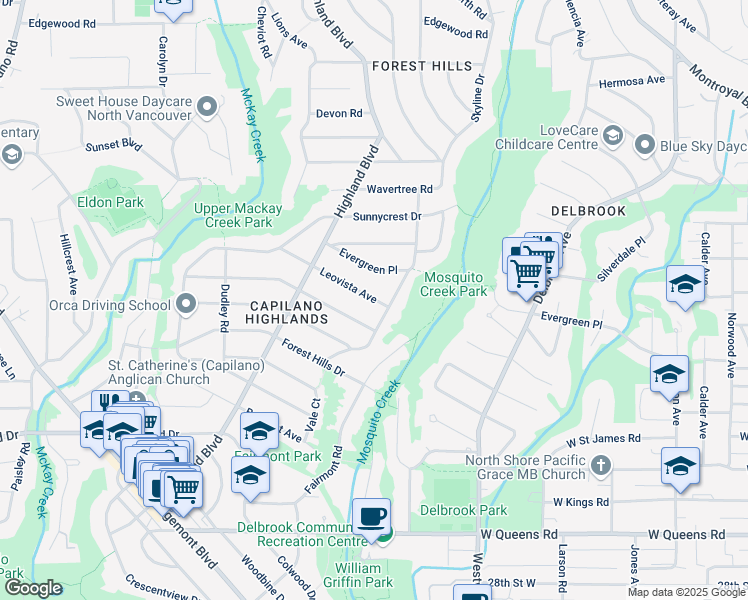 map of restaurants, bars, coffee shops, grocery stores, and more near 910 Leovista Avenue in North Vancouver