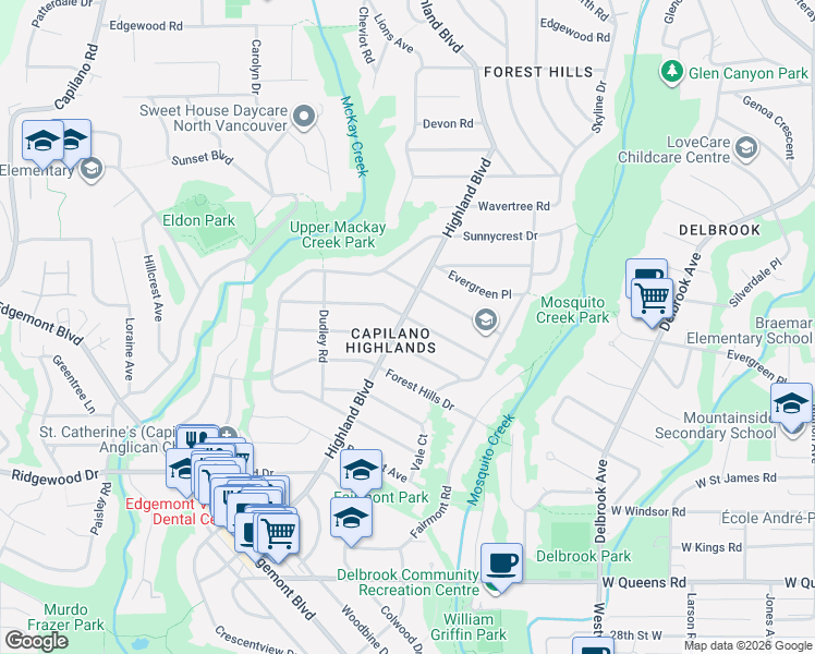 map of restaurants, bars, coffee shops, grocery stores, and more near 951 Beaumont Drive in North Vancouver