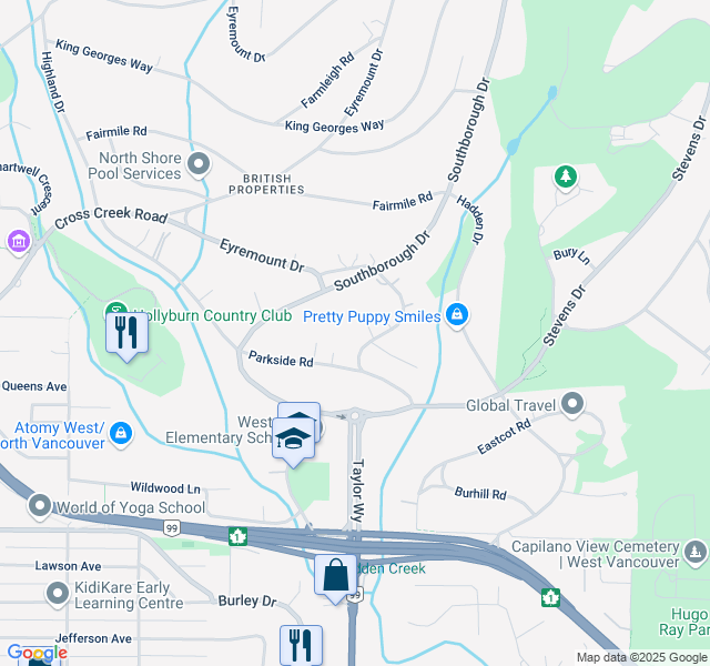 map of restaurants, bars, coffee shops, grocery stores, and more near 607 Glenmaroon Road in West Vancouver