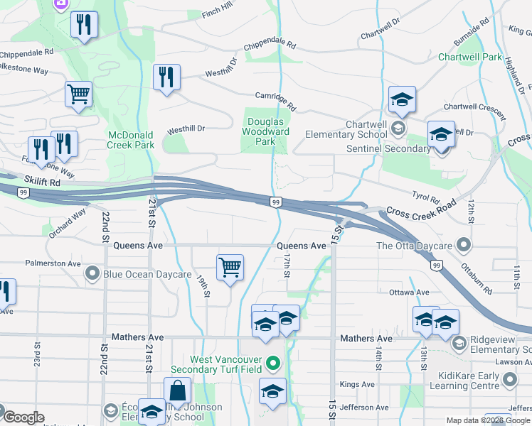 map of restaurants, bars, coffee shops, grocery stores, and more near 1725 Rosebery Avenue in West Vancouver