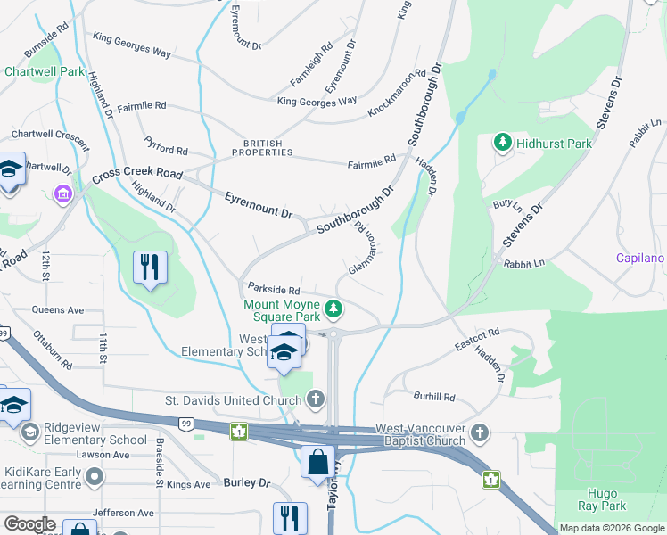 map of restaurants, bars, coffee shops, grocery stores, and more near 607 Glenmaroon Road in West Vancouver