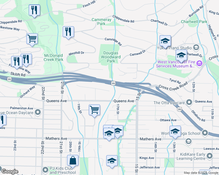 map of restaurants, bars, coffee shops, grocery stores, and more near 1725 Rosebery Avenue in West Vancouver