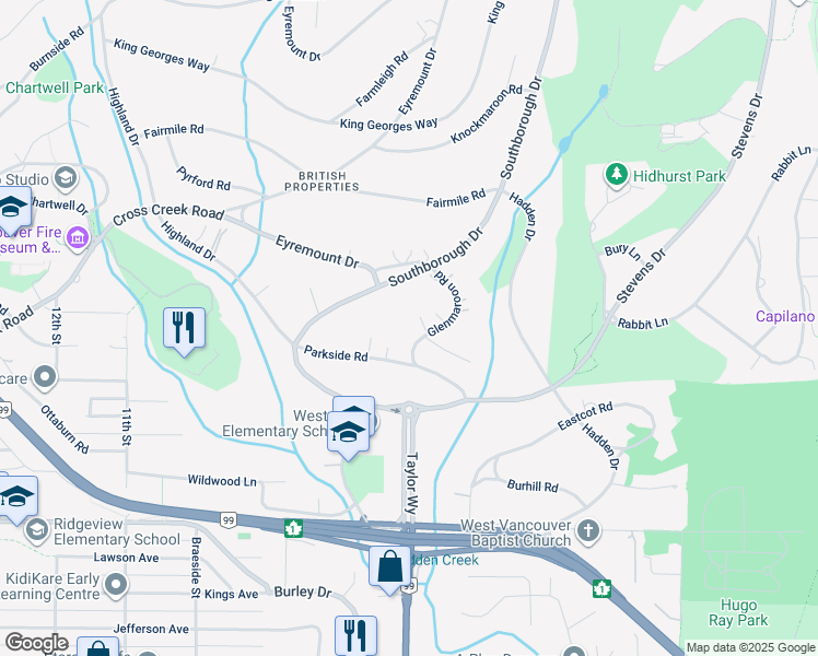 map of restaurants, bars, coffee shops, grocery stores, and more near 607 Glenmaroon Road in West Vancouver