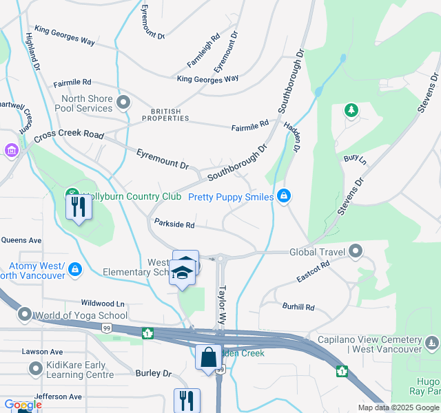 map of restaurants, bars, coffee shops, grocery stores, and more near 607 Glenmaroon Road in West Vancouver