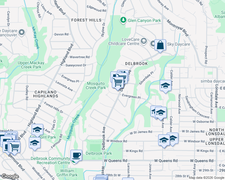 map of restaurants, bars, coffee shops, grocery stores, and more near 3711 Delbrook Avenue in North Vancouver