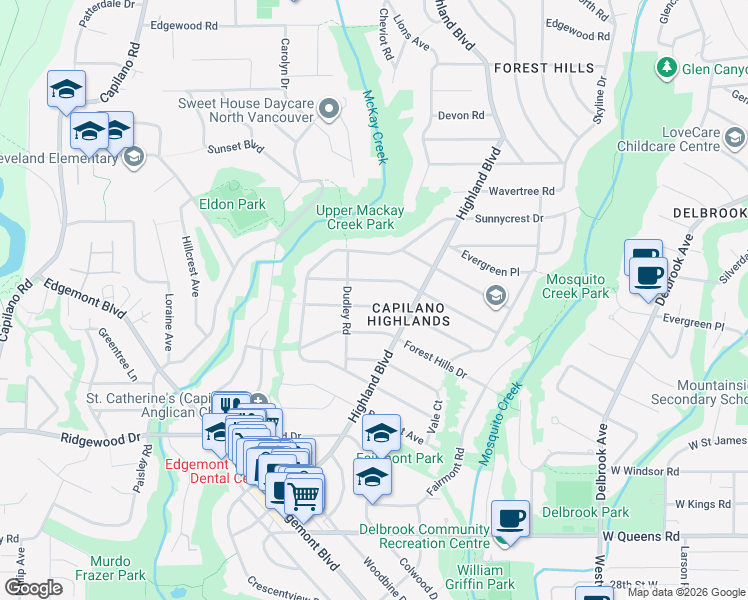 map of restaurants, bars, coffee shops, grocery stores, and more near 976 Melbourne Avenue in North Vancouver
