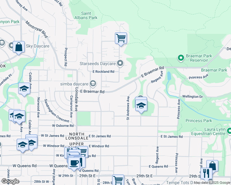 map of restaurants, bars, coffee shops, grocery stores, and more near 277 Braemar Road East in North Vancouver