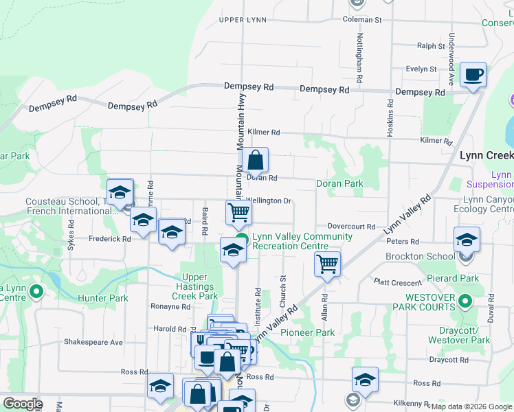 map of restaurants, bars, coffee shops, grocery stores, and more near 1341 Wellington Drive in North Vancouver
