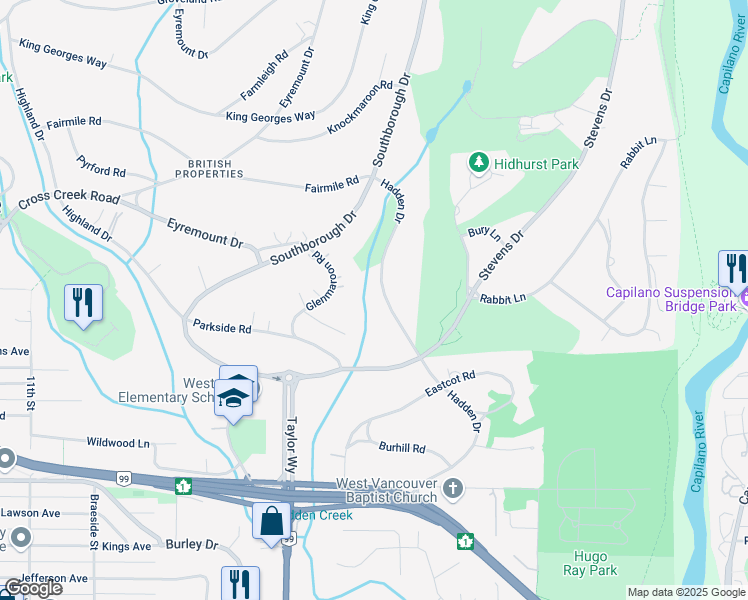 map of restaurants, bars, coffee shops, grocery stores, and more near 530 Hadden Drive in West Vancouver