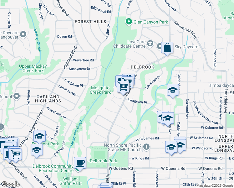 map of restaurants, bars, coffee shops, grocery stores, and more near 3721 Delbrook Avenue in North Vancouver