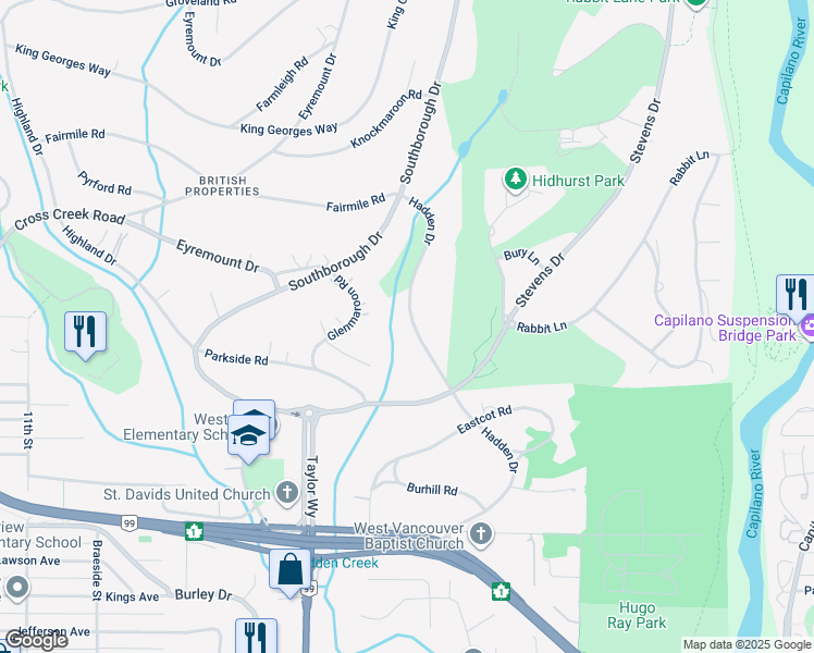 map of restaurants, bars, coffee shops, grocery stores, and more near 530 Hadden Drive in West Vancouver