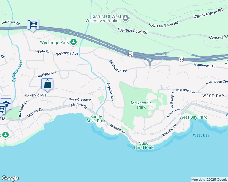 map of restaurants, bars, coffee shops, grocery stores, and more near 3855 Bayridge Avenue in West Vancouver