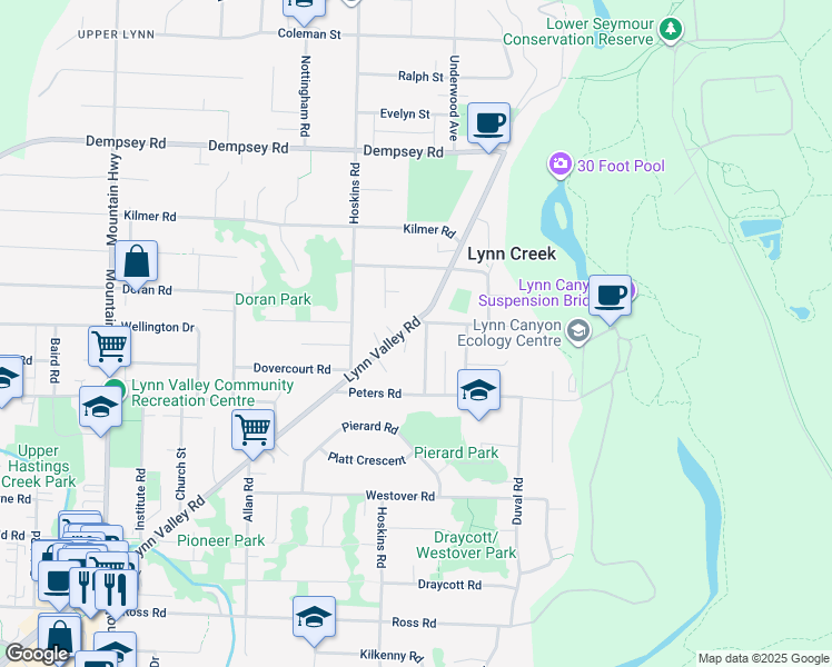 map of restaurants, bars, coffee shops, grocery stores, and more near 3681 Henderson Avenue in Lynn Creek