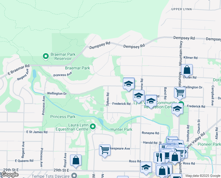 map of restaurants, bars, coffee shops, grocery stores, and more near 3682 Sykes Road in North Vancouver