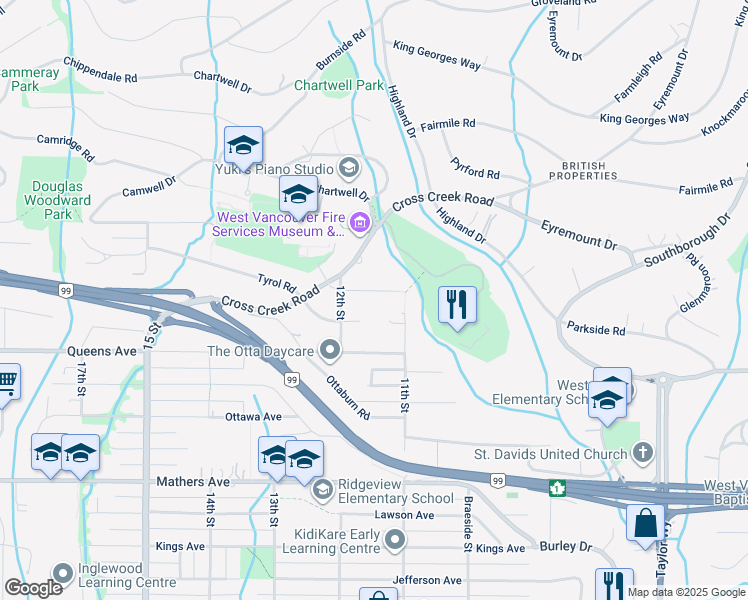 map of restaurants, bars, coffee shops, grocery stores, and more near 1150 Sutton Place in West Vancouver