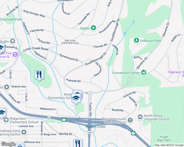 map of restaurants, bars, coffee shops, grocery stores, and more near 611 Glenmaroon Road in West Vancouver