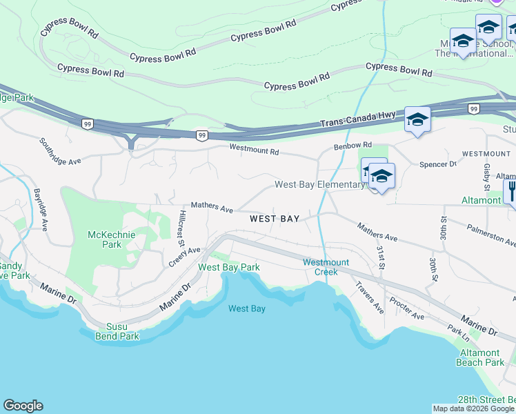 map of restaurants, bars, coffee shops, grocery stores, and more near 3381 Mathers Avenue in West Vancouver