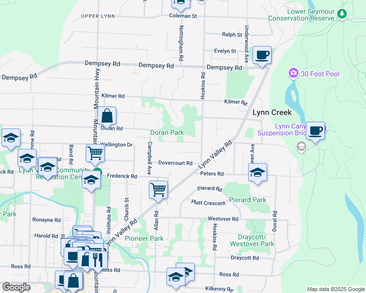 map of restaurants, bars, coffee shops, grocery stores, and more near 1553 Burrill Avenue in North Vancouver