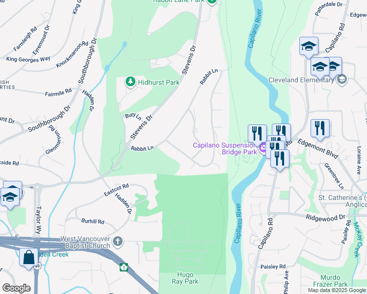 map of restaurants, bars, coffee shops, grocery stores, and more near 389 Moyne Drive in West Vancouver
