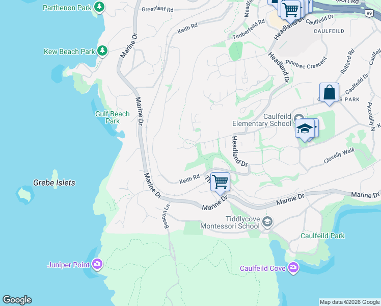 map of restaurants, bars, coffee shops, grocery stores, and more near Meadfeild Road in West Vancouver