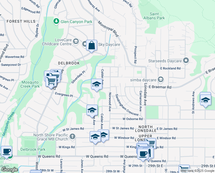 map of restaurants, bars, coffee shops, grocery stores, and more near 330 Braemar Road East in North Vancouver